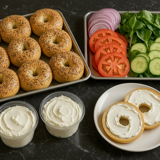 A tray with 12 bagels (plain, everything). A tray with veggies( sliced onions, sliced tomatoes, greens, cucumber slices). two, 8oz plastic containers with cream cheese. A white plate sliced plain bagel with cream cheese spread on the slices.  All placed on a black marble table. 