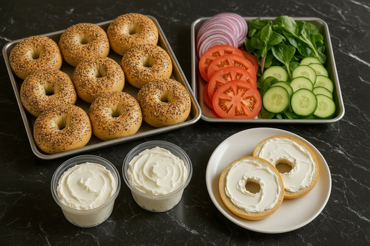 A tray with 12 bagels (plain, everything). A tray with veggies( sliced onions, sliced tomatoes, greens, cucumber slices). two, 8oz plastic containers with cream cheese. A white plate sliced plain bagel with cream cheese spread on the slices.  All placed on a black marble table.