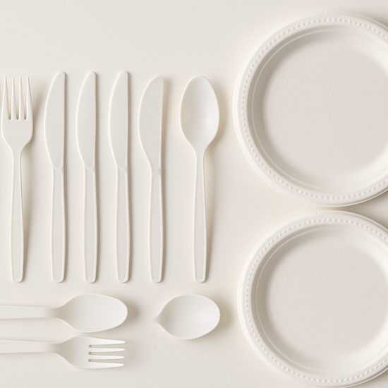 plastic forks, plastic knives, plastic spoons, paper plates - tableware
