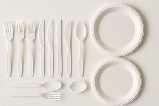 plastic forks, plastic knives, plastic spoons, paper plates - tableware